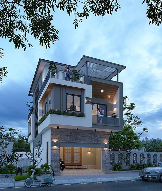 Mẫu nhà 3 tầng 2 mặt tiền hiện đại