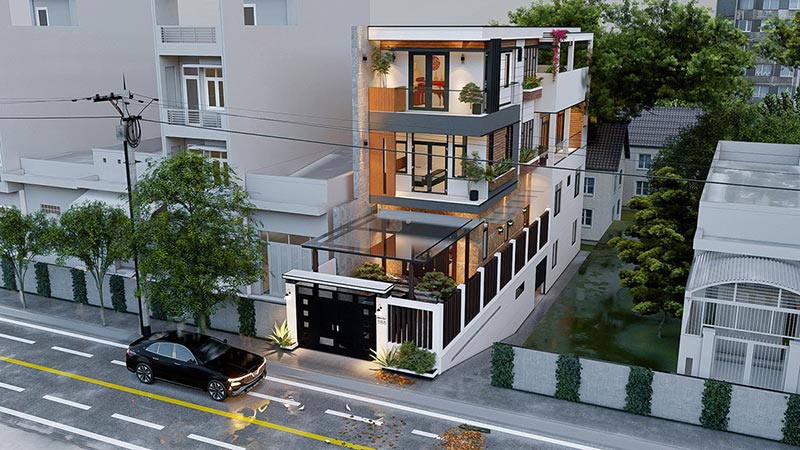 Mẫu nhà 3 tầng 2 mặt tiền hiện đại