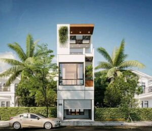 Read more about the article Tư vấn thiết kế mặt tiền nhà ống 3 tầng hiện đại kết hợp kinh doanh giày thể thao và không gian cây cảnh, bể cá
